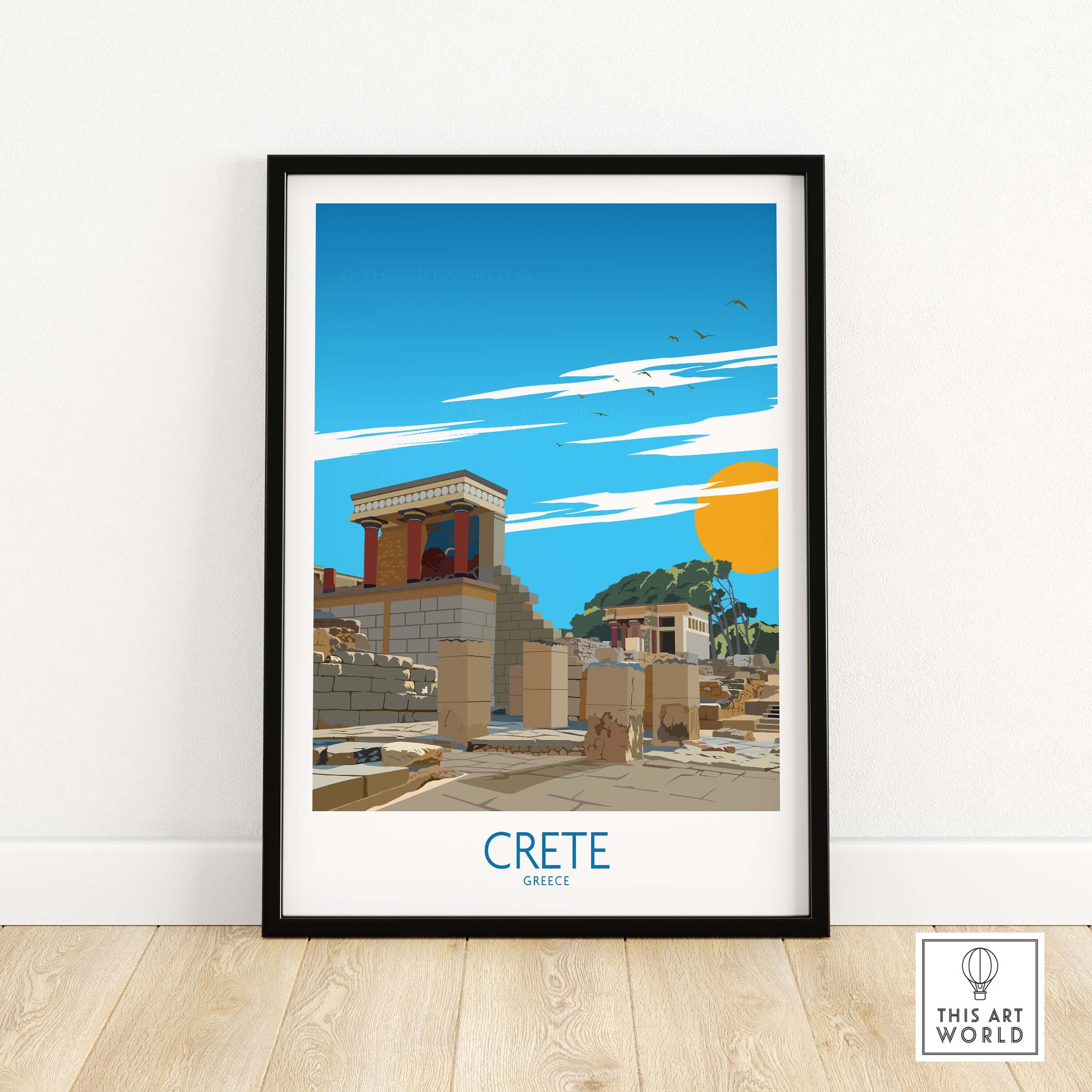Framed wall art print of Crete, Greece, featuring a minimalist design with a blue sky and historical architecture.