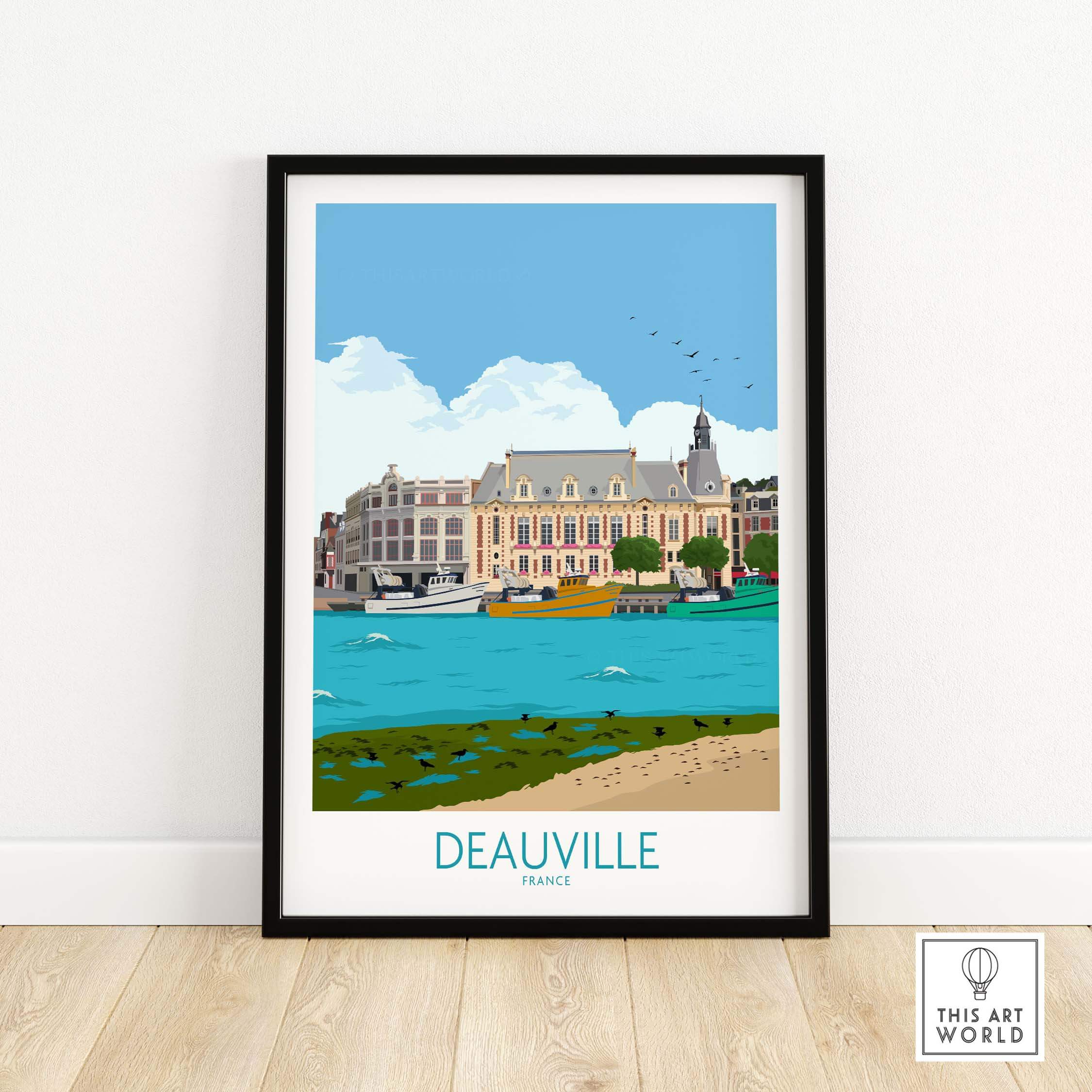 Deauville Travel Poster Print featuring a scenic view of Deauville, France, in a minimalist design, framed or unframed.