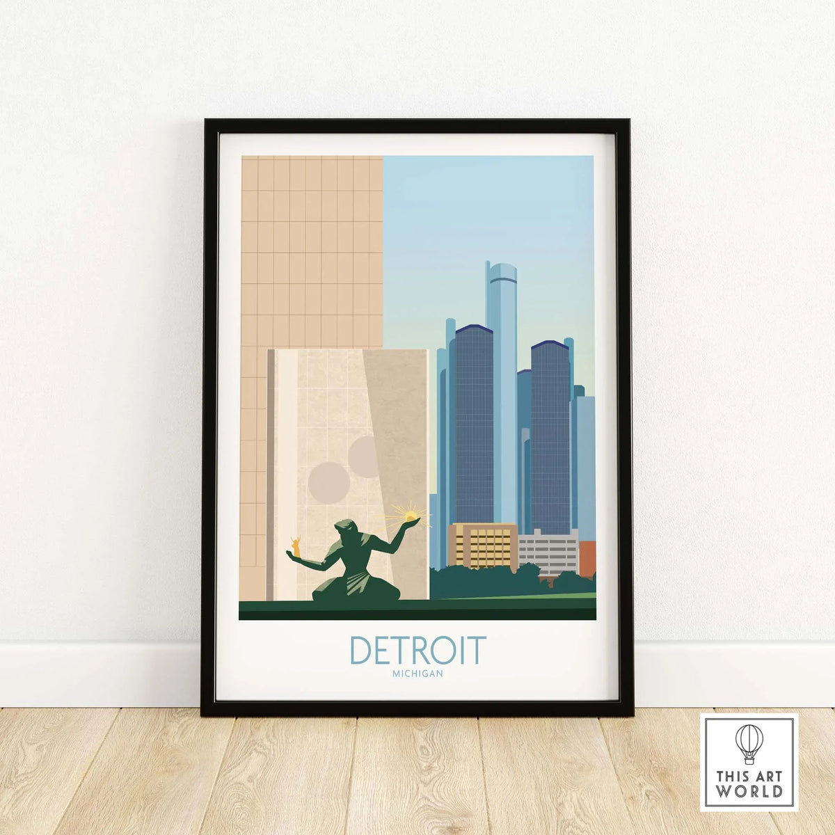 Detroit wall art print featuring city skyline and iconic statue, perfect for Michigan-themed home decor.