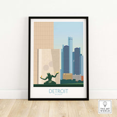 Detroit wall art print featuring city skyline and iconic statue, perfect for Michigan-themed home decor.