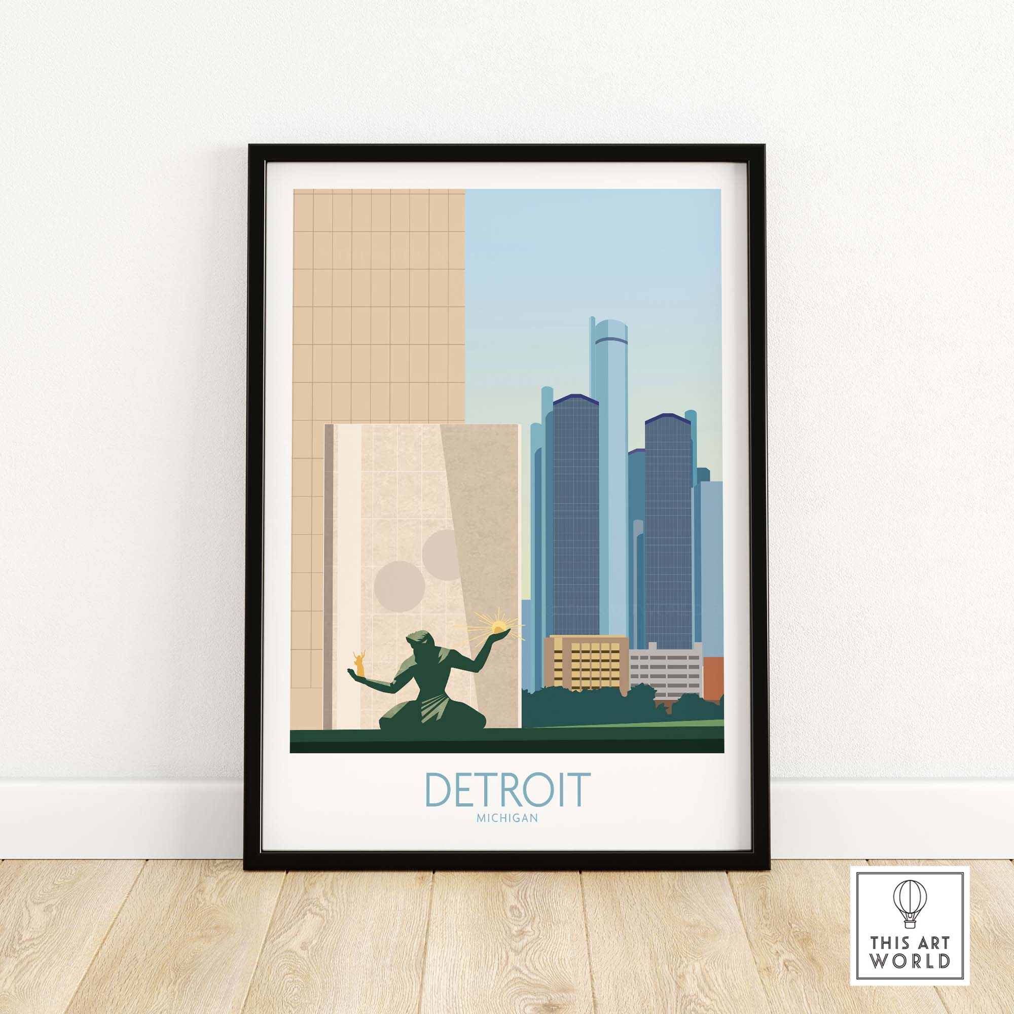 Detroit wall art print featuring city skyline and iconic statue, perfect for Michigan-themed home decor.