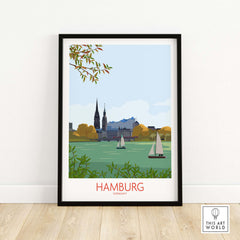 Framed wall art print of Hamburg, Germany featuring iconic buildings and sailboats in a minimalist style.