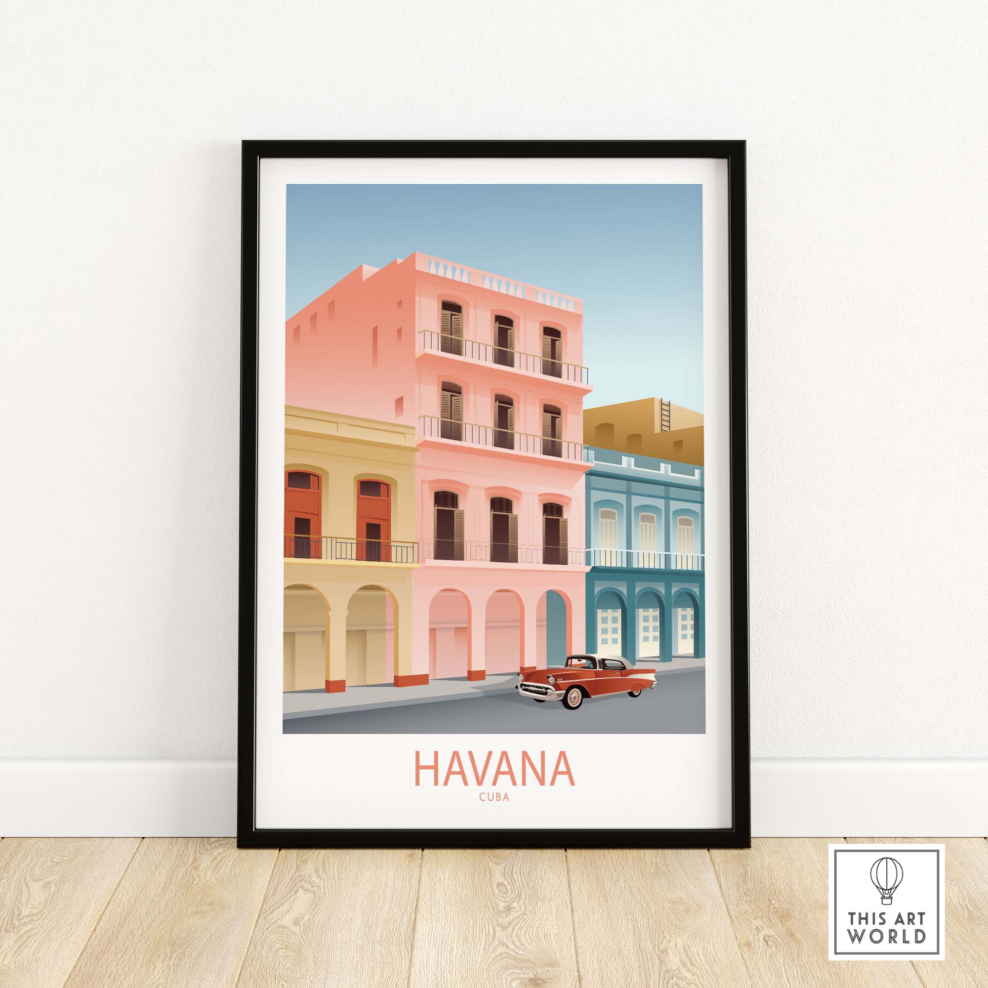 Havana Cuba wall art print featuring vintage buildings and classic car, framed for stylish home decor.