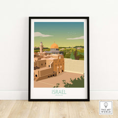 Israel wall art print featuring Jerusalem's skyline in a minimalist vintage travel poster style.