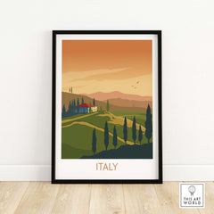 Italy wall art print featuring serene landscape and vintage design, perfect for travel enthusiasts.