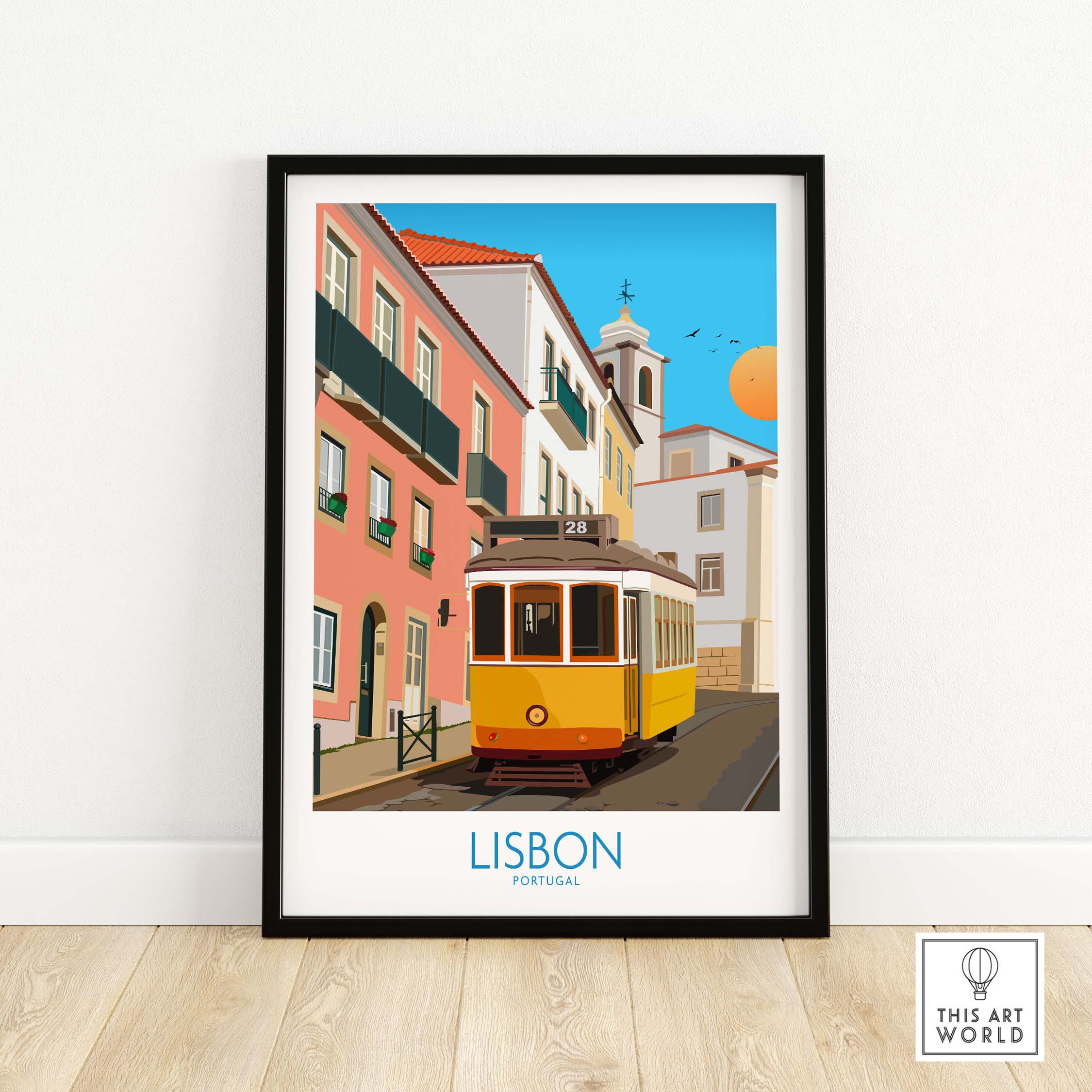 Lisbon wall art print featuring iconic yellow tram in a colorful street, perfect for travel-inspired home decor.