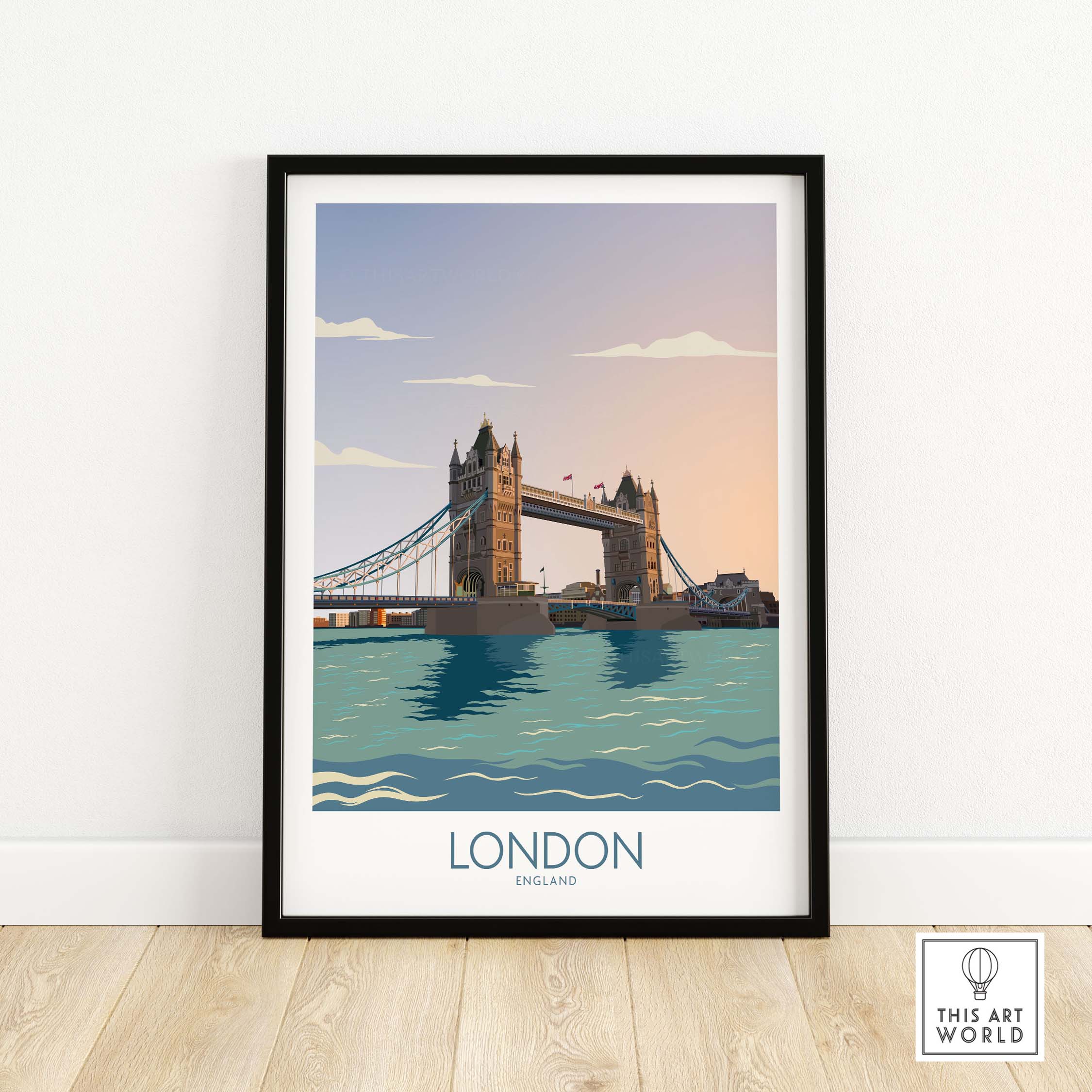 London wall art print featuring Tower Bridge, minimalist style England travel poster for home decor.