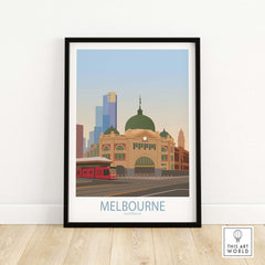 Melbourne poster featuring the iconic Flinders Street Station with a vintage style in a minimalist framed design.