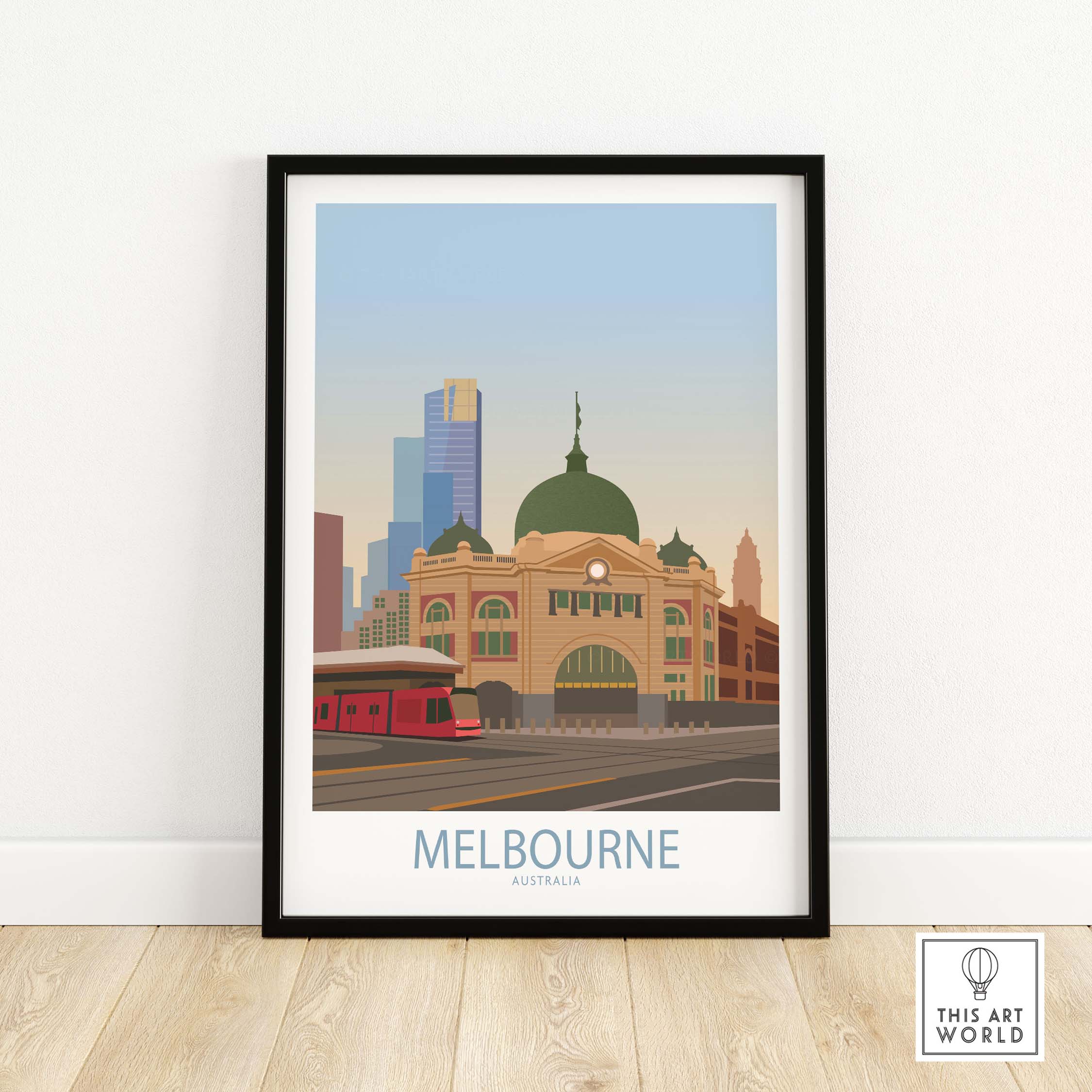 Melbourne poster featuring the iconic Flinders Street Station with a vintage style in a minimalist framed design.