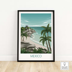 Mexico wall art print depicting a beach scene with palm trees and rocks in a vintage travel poster style.