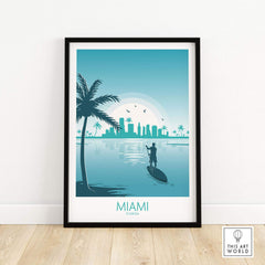 Miami wall art print featuring a paddleboarder against a minimalist skyline and palm trees in turquoise tones.