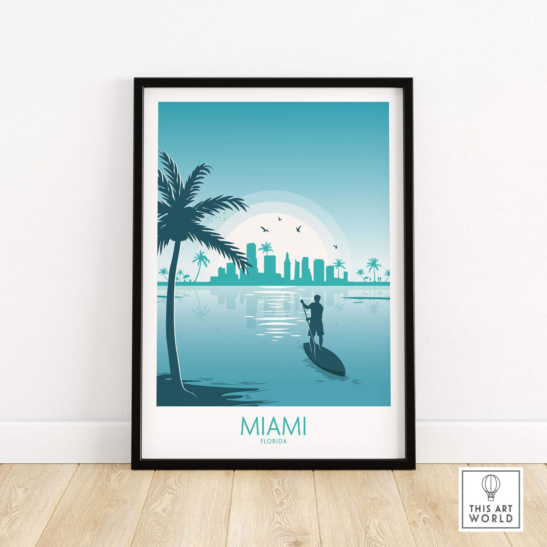 Miami wall art print featuring a paddleboarder against a minimalist skyline and palm trees in turquoise tones.