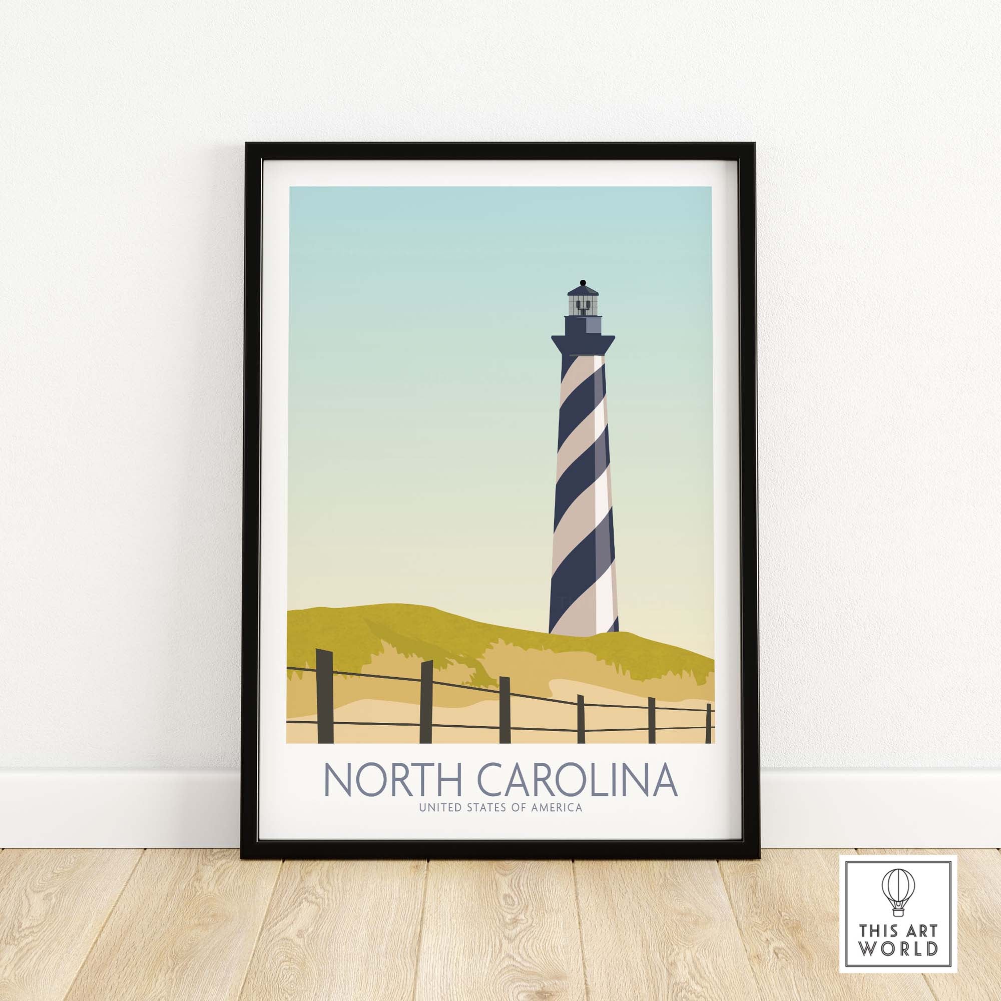 North Carolina wall art print featuring a striped lighthouse against a pastel sky, perfect for home decor.