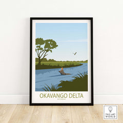 Okavango Delta vintage travel poster framed artwork featuring river and lush landscape in Botswana.