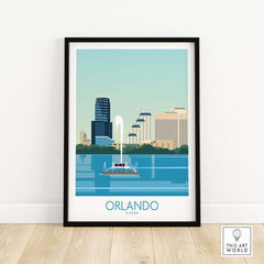 Orlando wall art print featuring a minimalist skyline and fountain, perfect for travel-inspired home decor.