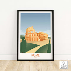 Framed Rome wall art print featuring the Colosseum, vibrant vintage travel design for home decor.
