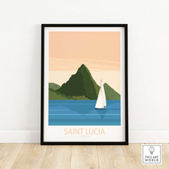 Vintage style Saint Lucia Caribbean poster featuring a sailboat near lush mountains and calm waters.