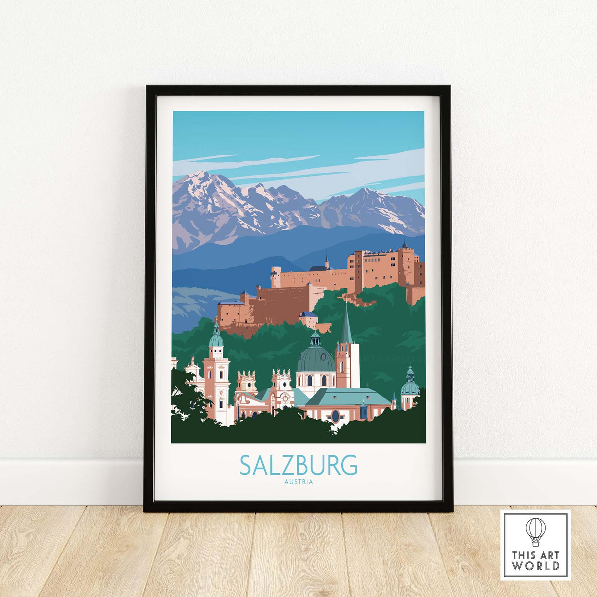 Salzburg wall art print showcasing a scenic view of mountains and historical buildings in a minimalist design.
