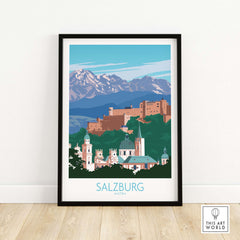 Salzburg wall art print showcasing a scenic view of mountains and historical buildings in a minimalist design.
