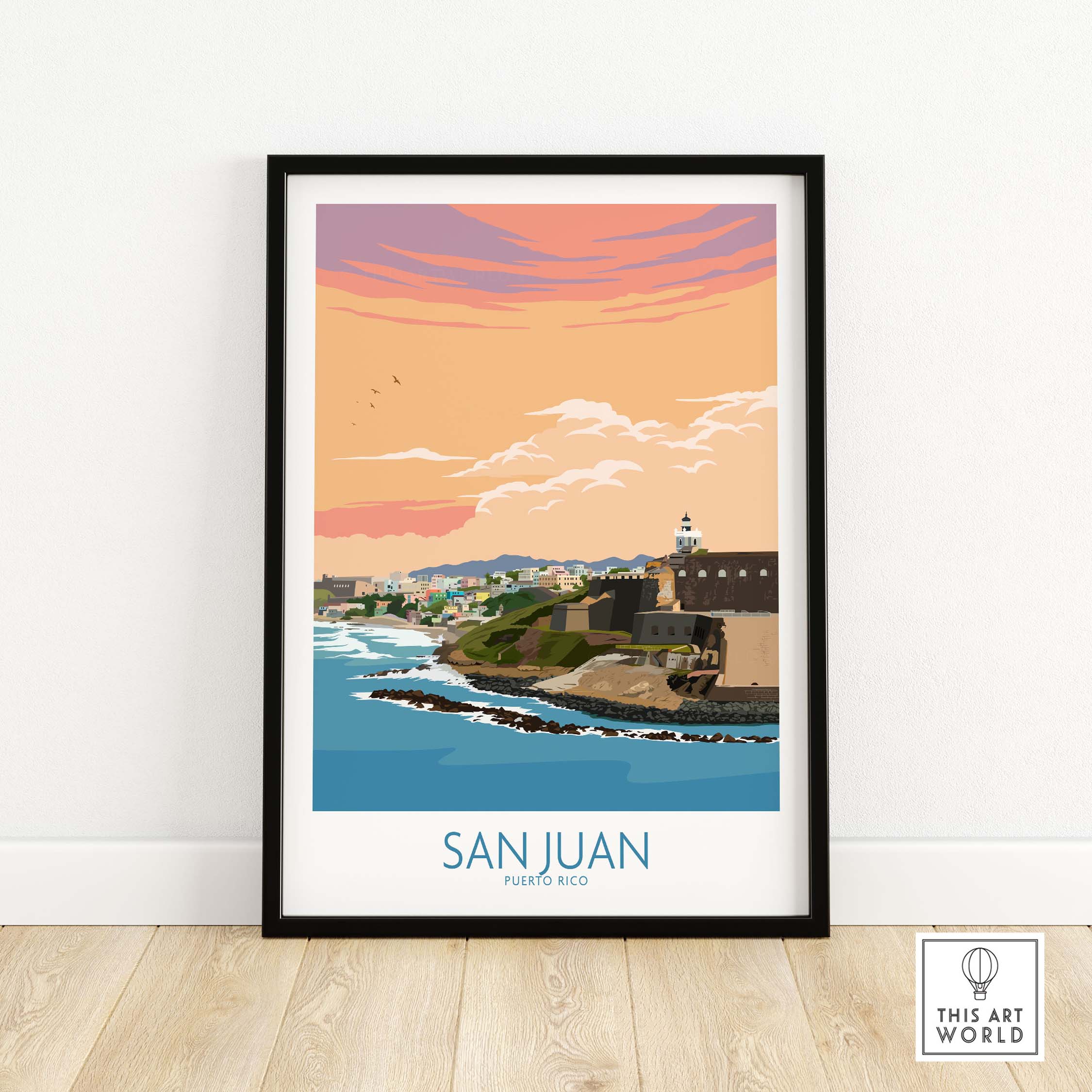San Juan Puerto Rico vintage travel poster print framed with coastal landscape and sunset colors.