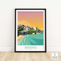 Skiathos wall art print featuring a coastal view of Greece with a stylized sunset and vibrant waves.