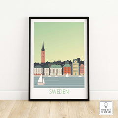 Sweden poster print featuring a minimalist design of colorful buildings and sailboats by the water.
