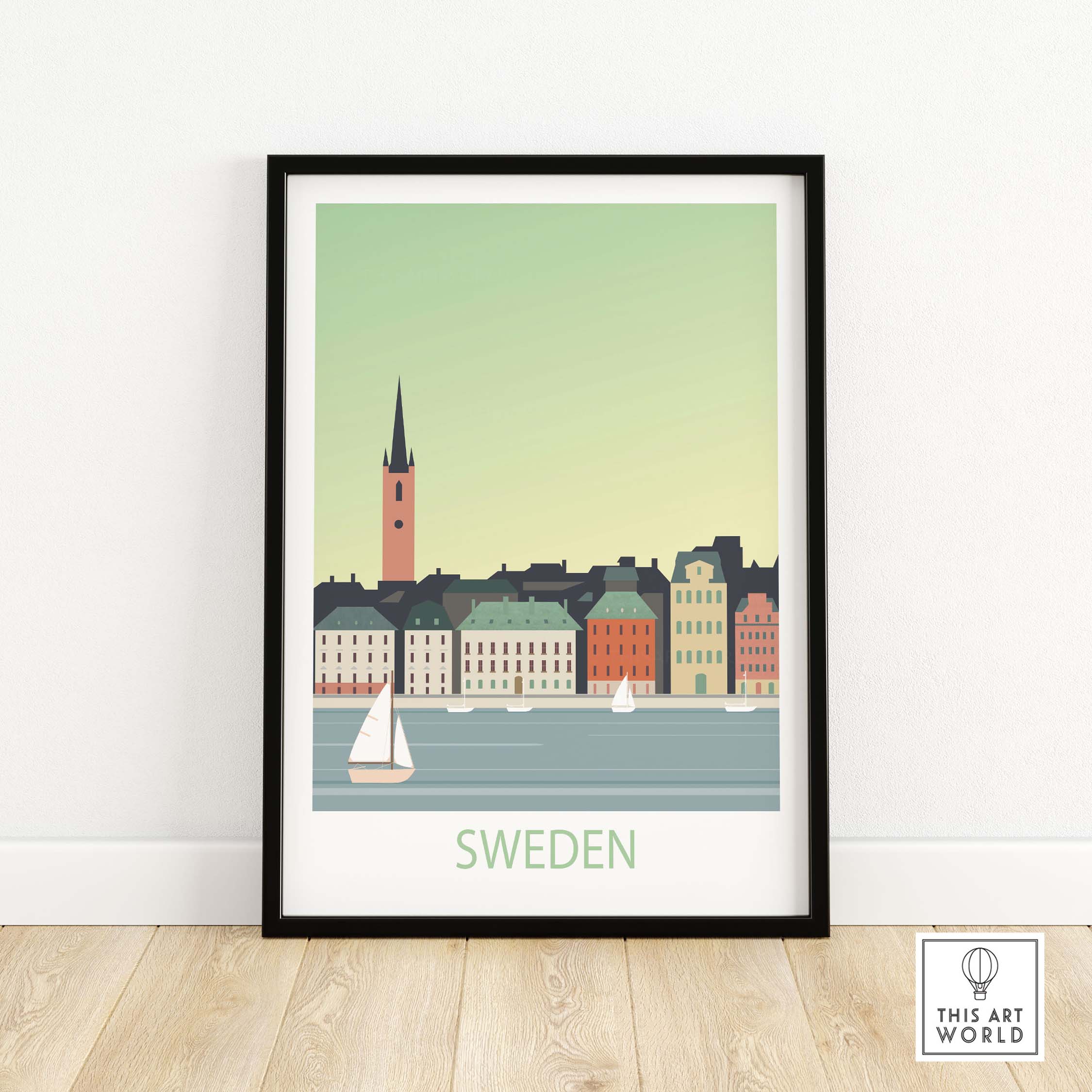 Sweden poster print featuring a minimalist design of colorful buildings and sailboats by the water.