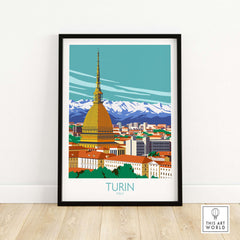 Turin Wall Art Print showcasing the iconic Mole Antonelliana and surrounding mountains, perfect for home or office decor.