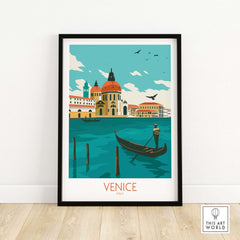 Venice Italy Poster Print featuring a gondola on the water, designed with vintage travel art style.