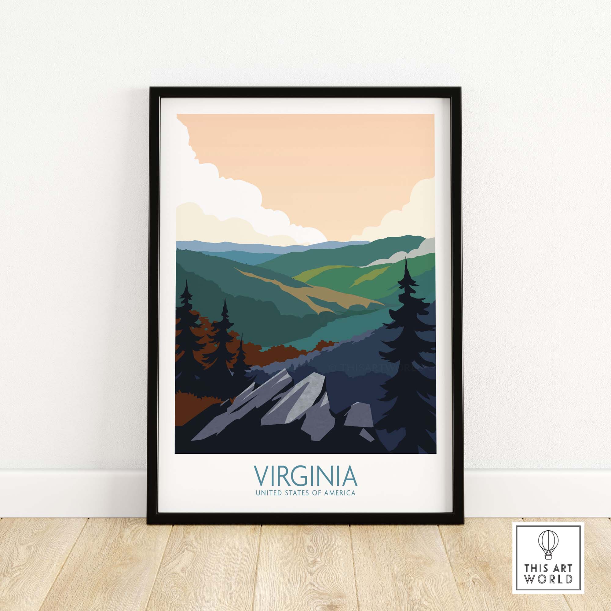 Virginia wall art print featuring a colorful mountainous landscape in a minimalist style for travel lovers.