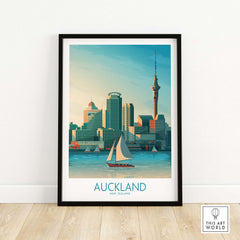 Auckland wall art print featuring skyline and sailboat, showcasing New Zealand’s iconic landmarks in a vintage style.