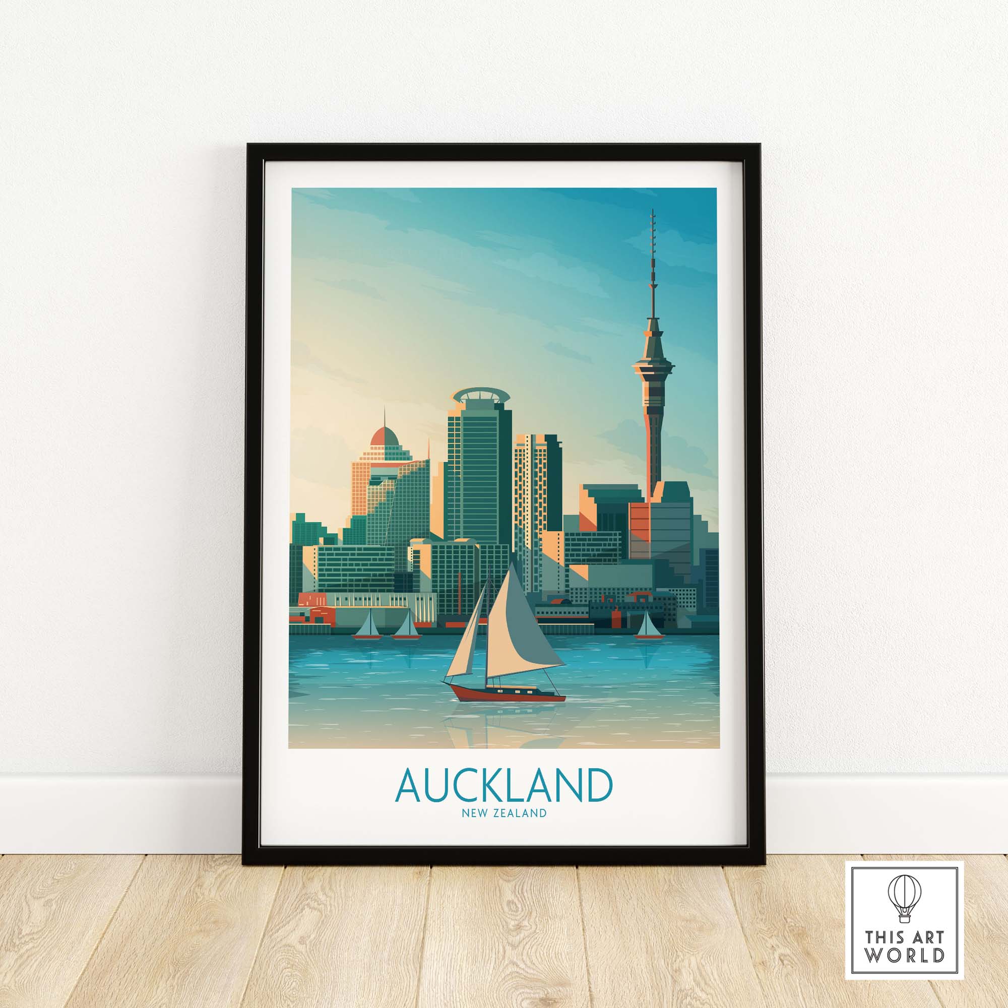 Auckland wall art print featuring skyline and sailboat, showcasing New Zealand’s iconic landmarks in a vintage style.