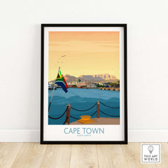 Cape Town art print featuring a scenic view of Table Mountain and waterfront with a South African flag.