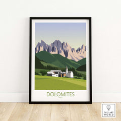 Framed Dolomites wall art print featuring mountains and a cozy village in Italy, inspired by vintage travel posters.