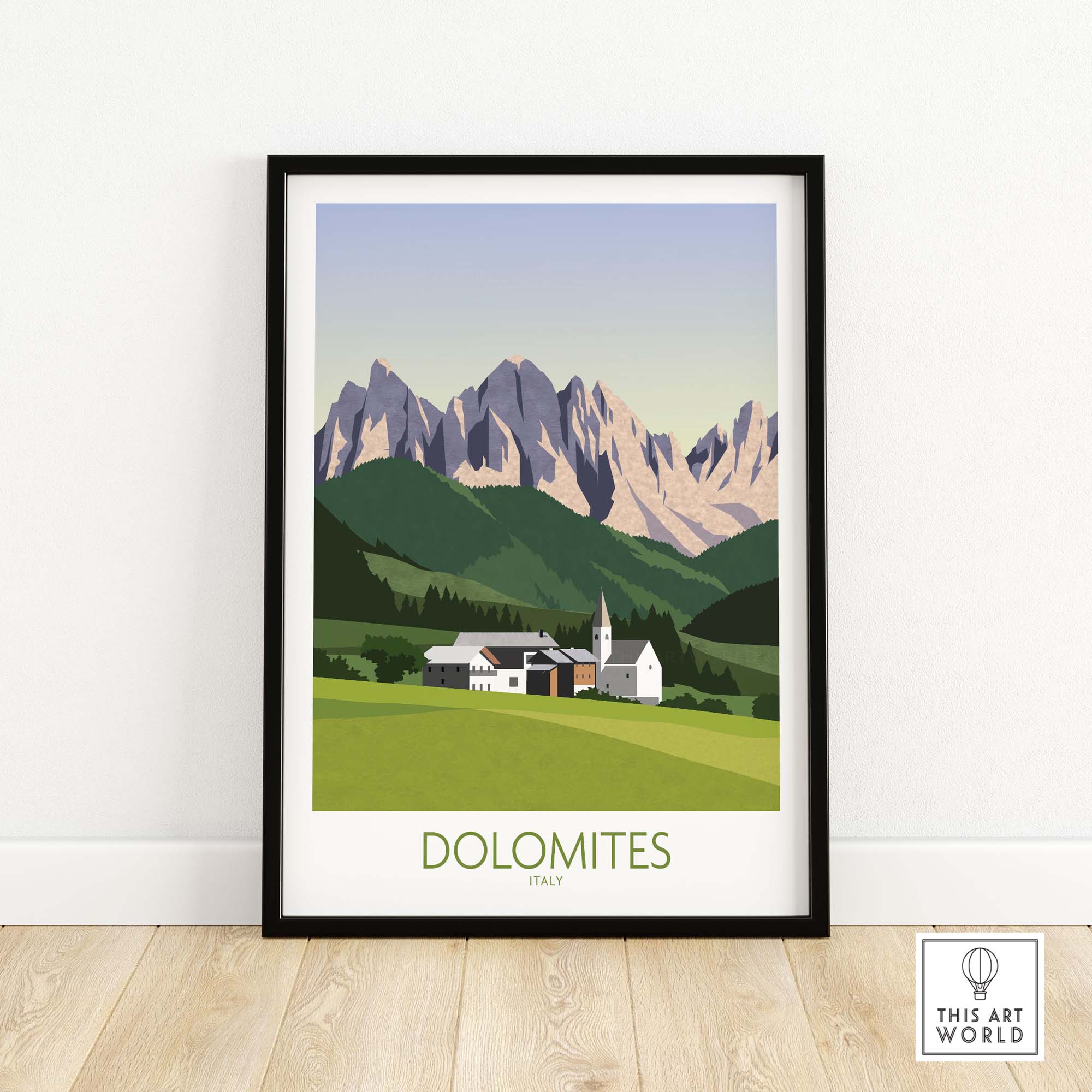 Framed Dolomites wall art print featuring mountains and a cozy village in Italy, inspired by vintage travel posters.