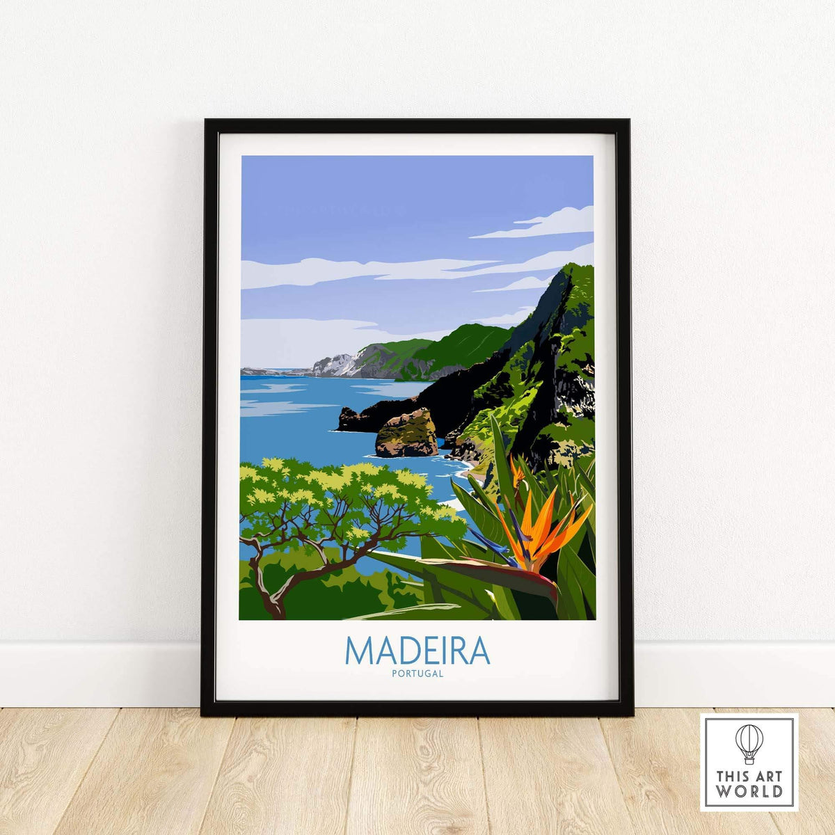 Madeira Print, Portugal poster featuring a scenic coastal view with vibrant nature and minimalist design.