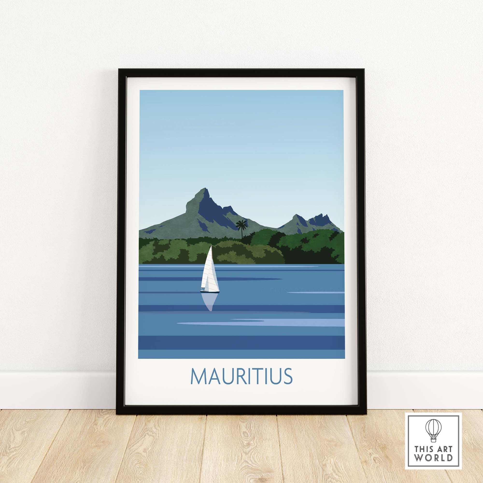 Mauritius print poster featuring a minimalist landscape with mountains and a sailboat, perfect for travel enthusiasts.