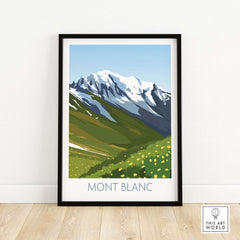 Mont Blanc Print showcasing a minimalist mountain landscape design with vibrant flowers, perfect for travel-inspired wall art.