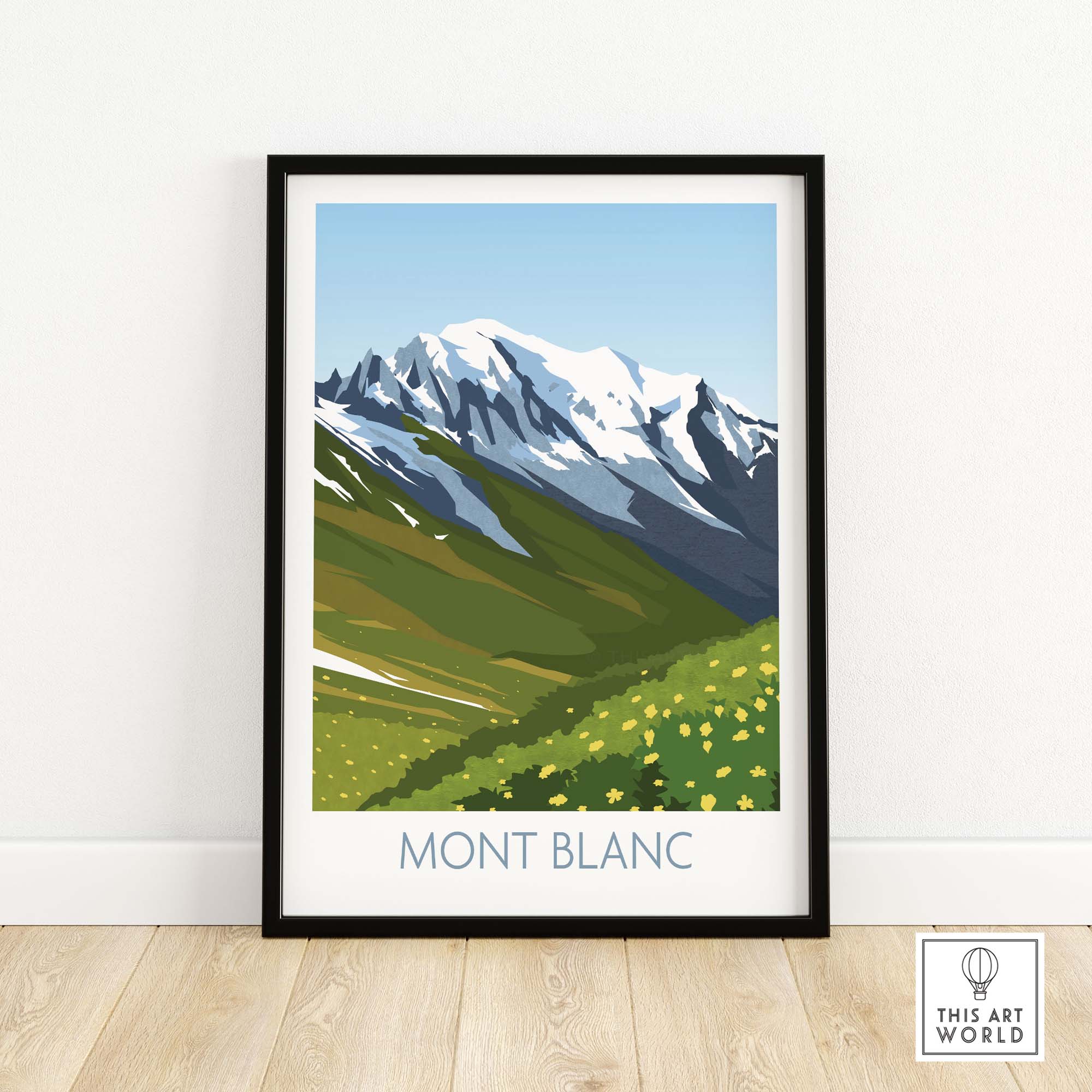 Mont Blanc Print showcasing a minimalist mountain landscape design with vibrant flowers, perfect for travel-inspired wall art.