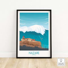 Nazare Wall Art Print featuring minimalist design of Portugal's coastline and waves, perfect for home decor.