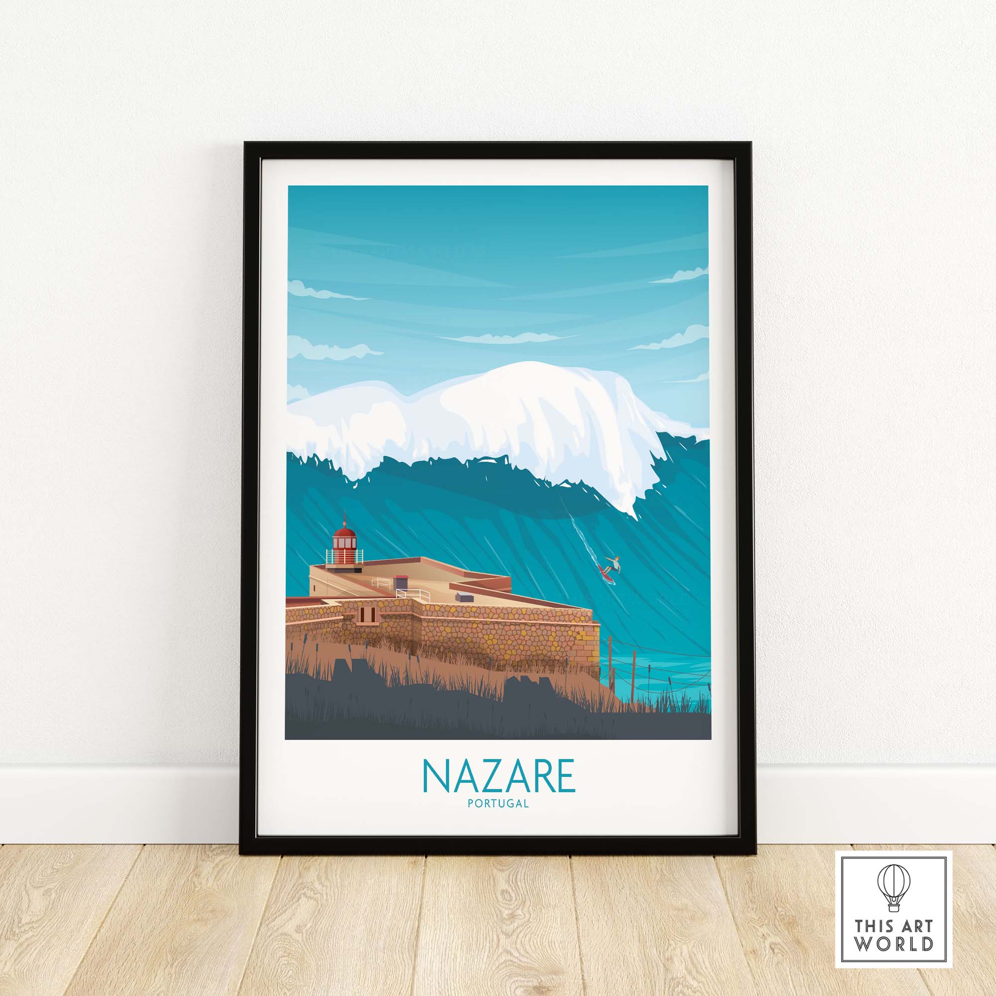 Nazare Wall Art Print featuring minimalist design of Portugal's coastline and waves, perfect for home decor.
