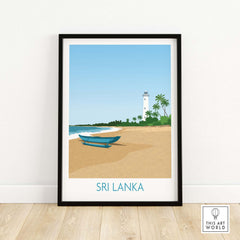 Sri Lanka wall art print featuring a beach scene with a blue boat and lighthouse in a minimalist style.