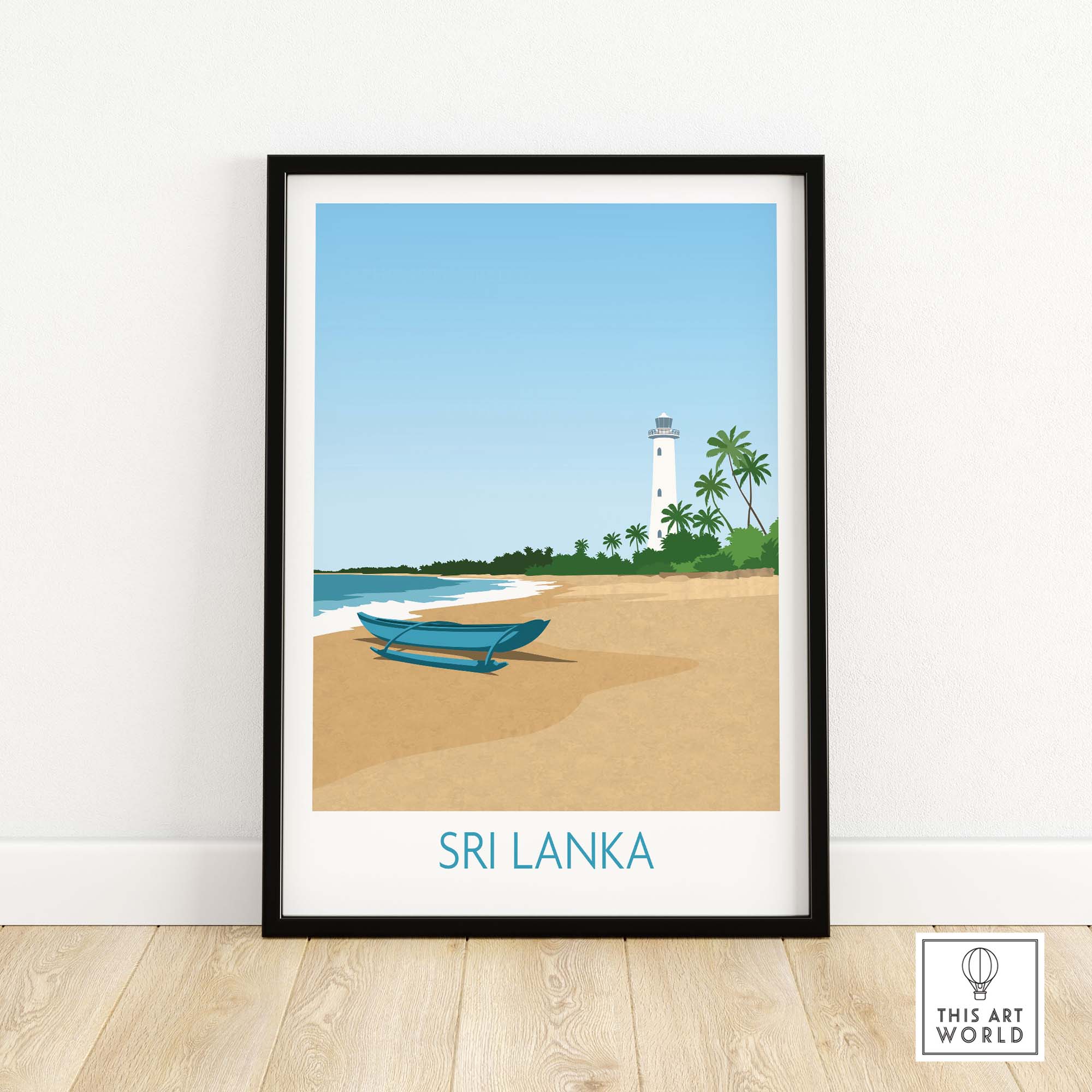 Sri Lanka wall art print featuring a beach scene with a blue boat and lighthouse in a minimalist style.