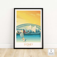 Sydney Print poster showcasing the Sydney Harbour Bridge and sailboats in a minimalist vintage style.