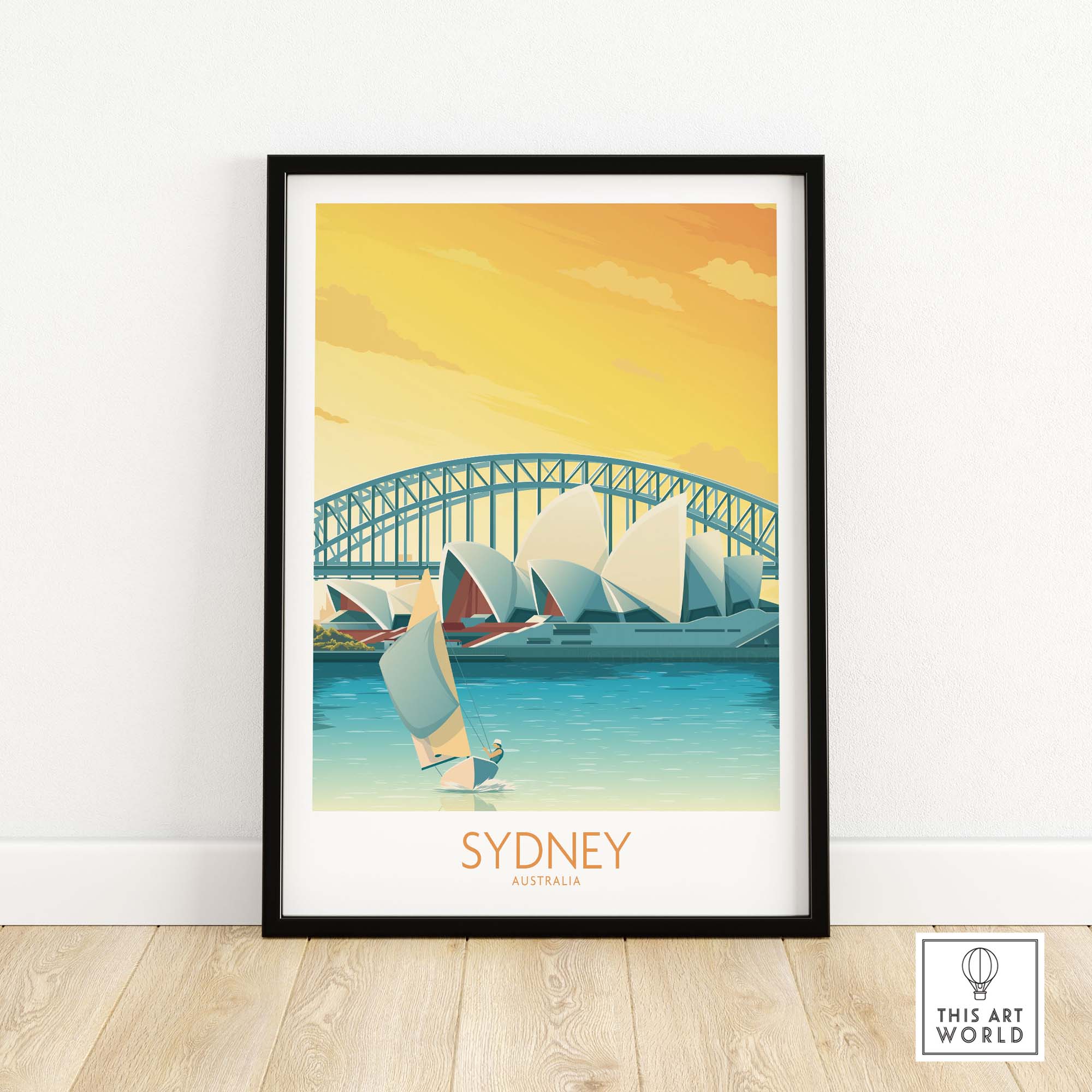 Sydney Print poster showcasing the Sydney Harbour Bridge and sailboats in a minimalist vintage style.