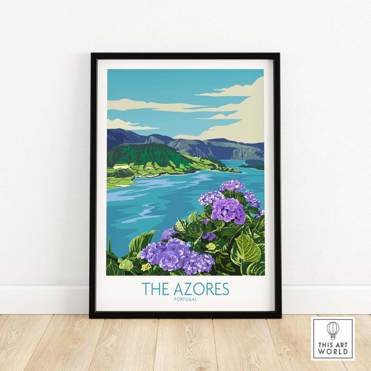 Framed Azores wall art print featuring vibrant flowers and scenic landscape, perfect for home or office decor.