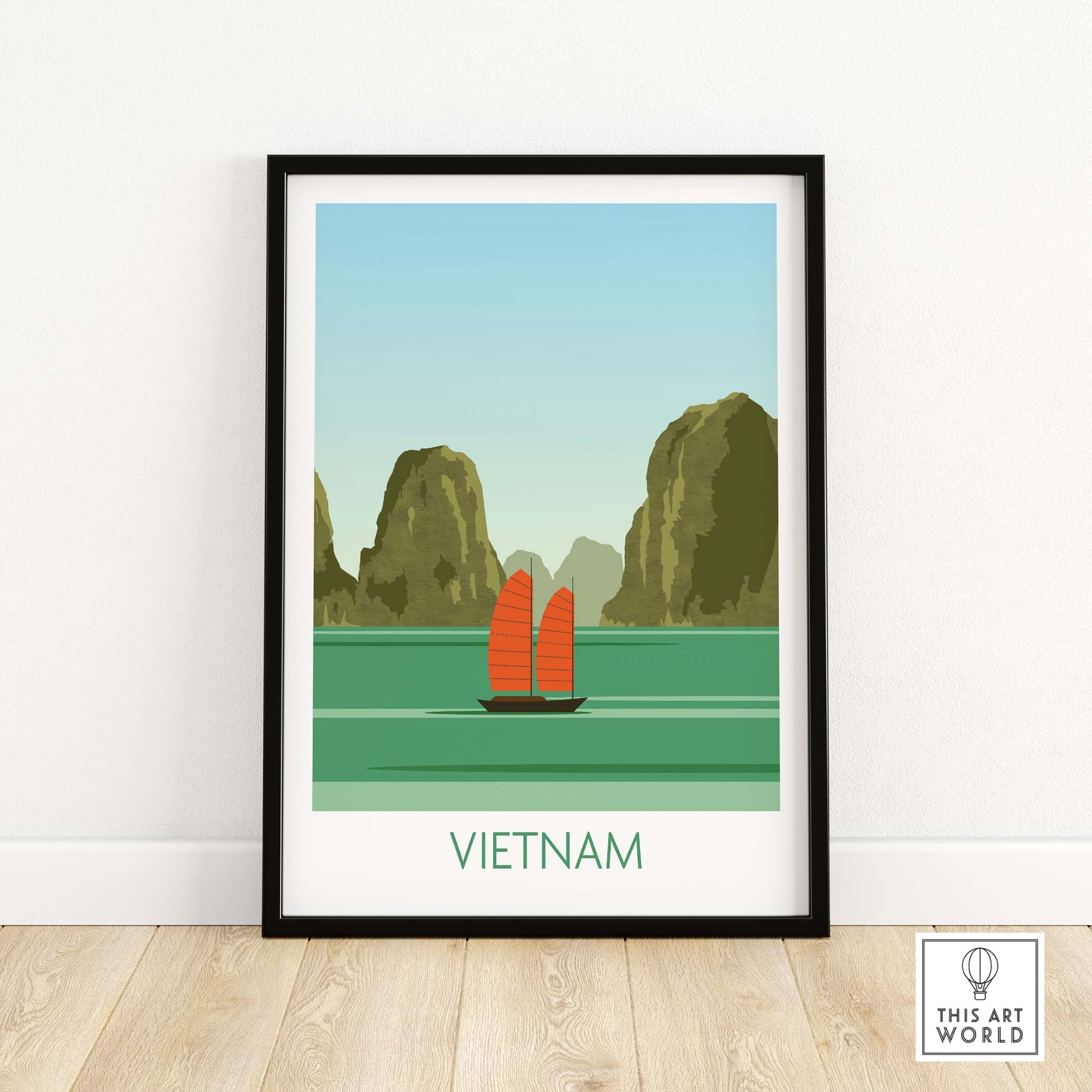Vietnam Print featuring a traditional sailing boat and mountainous landscape in a minimalist style.