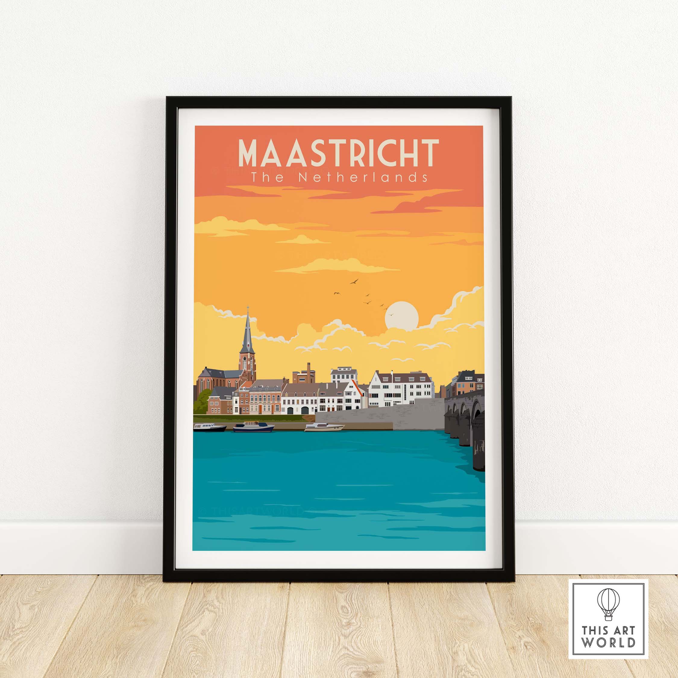 Maastricht travel poster featuring vibrant colors and iconic architecture of the Netherlands.
