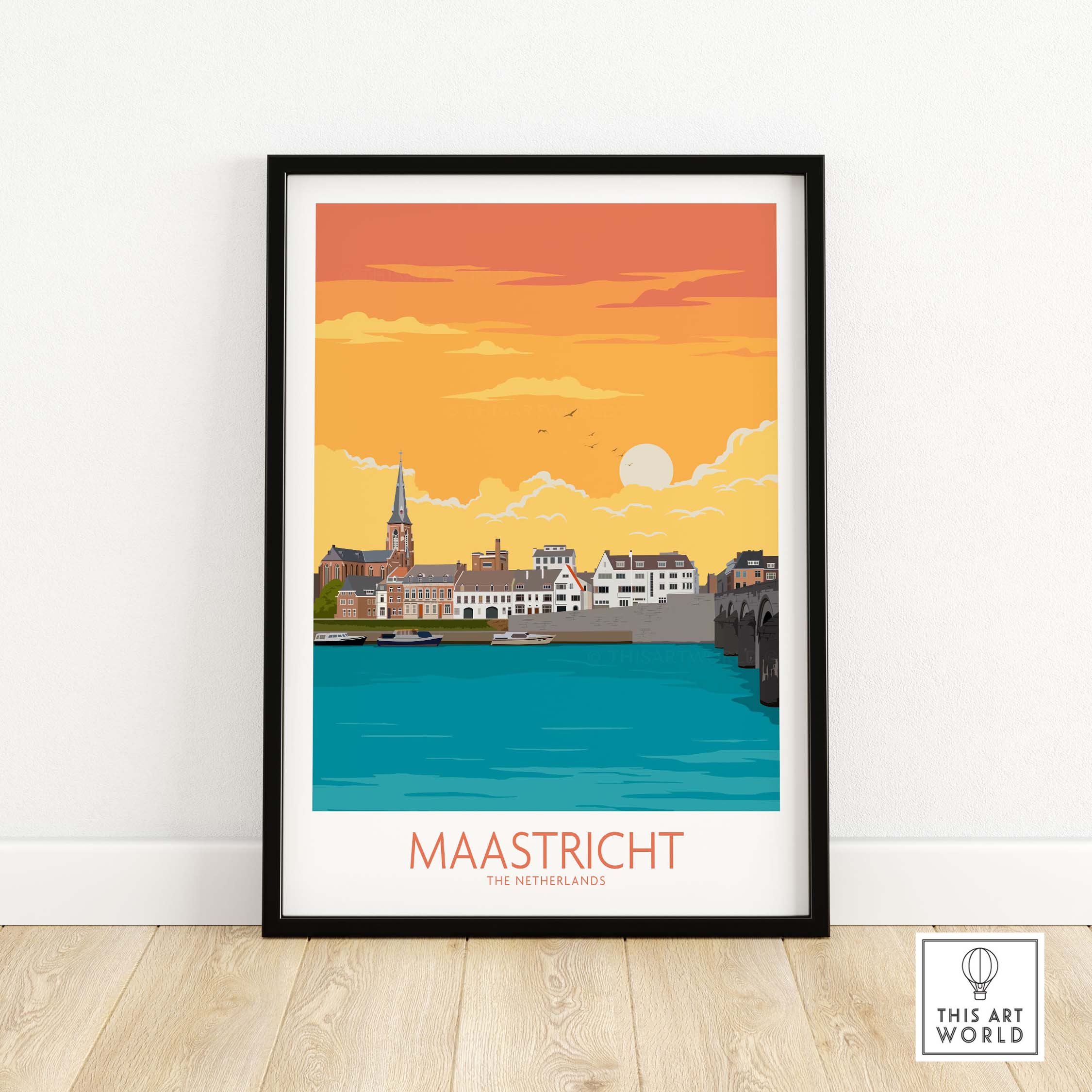 Maastricht travel poster featuring scenic view with sunset, framed wall art for home or office decor.