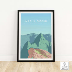 Machu Picchu Print Wall Art Poster featuring retro design of Peru's iconic landscape, framed on a wooden floor.